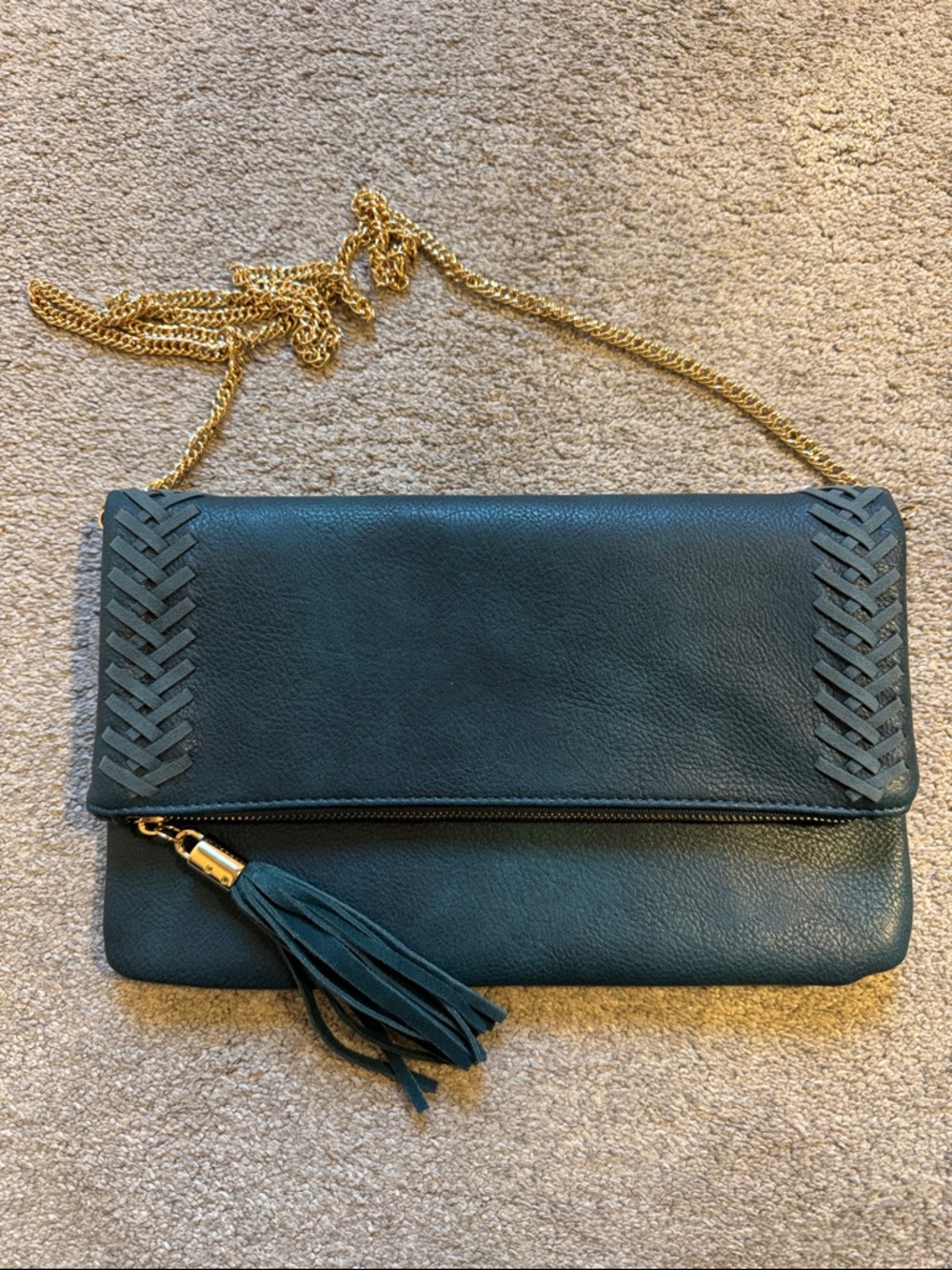 Dark Teal Faux  Leather Tassel Crossbody Clutch